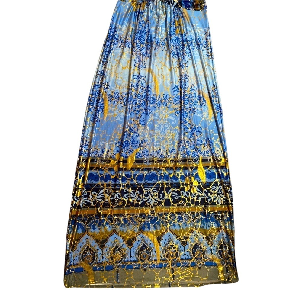 Maxi Dress Halter Blue Brown Floral Sleeveless‎ Evening Party Cocktail S/M - Picture 5 of 11